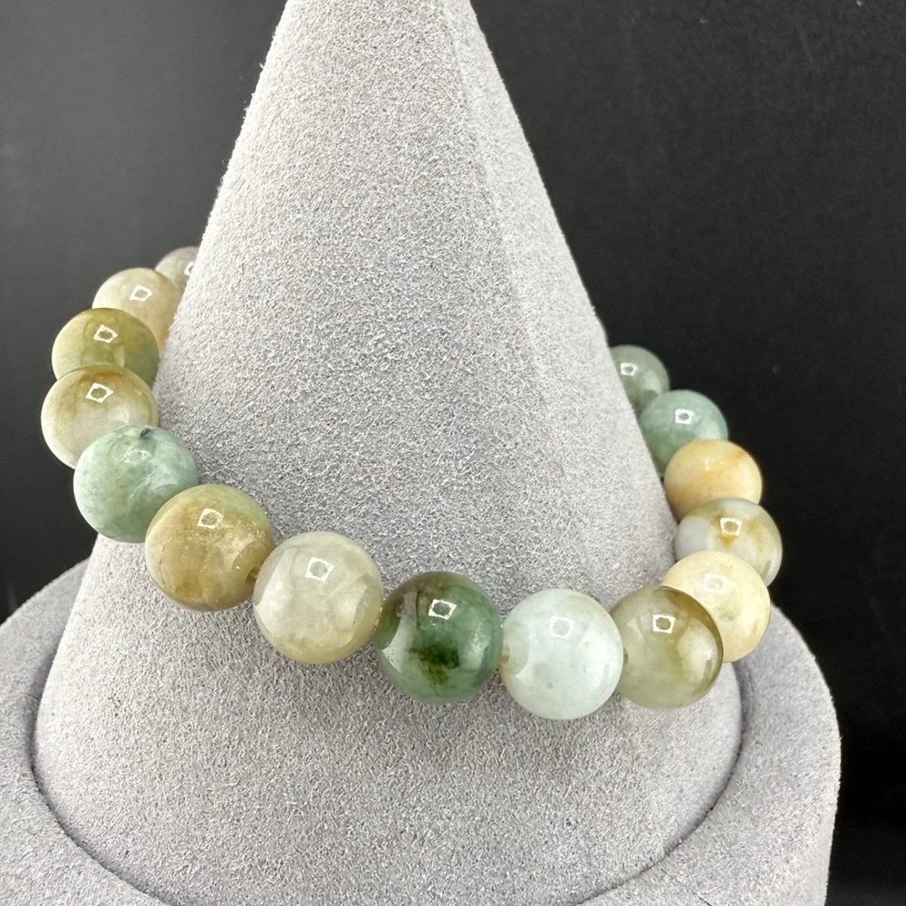 Polished Stone Bracelet Beaded Green Yellow‎ 7